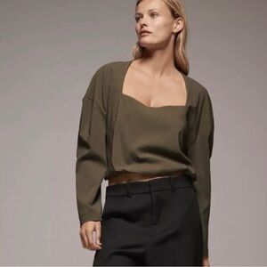 NWOT  Zara Sweetheart Neckline Top Olive Green Women Medium cropped long sleeve